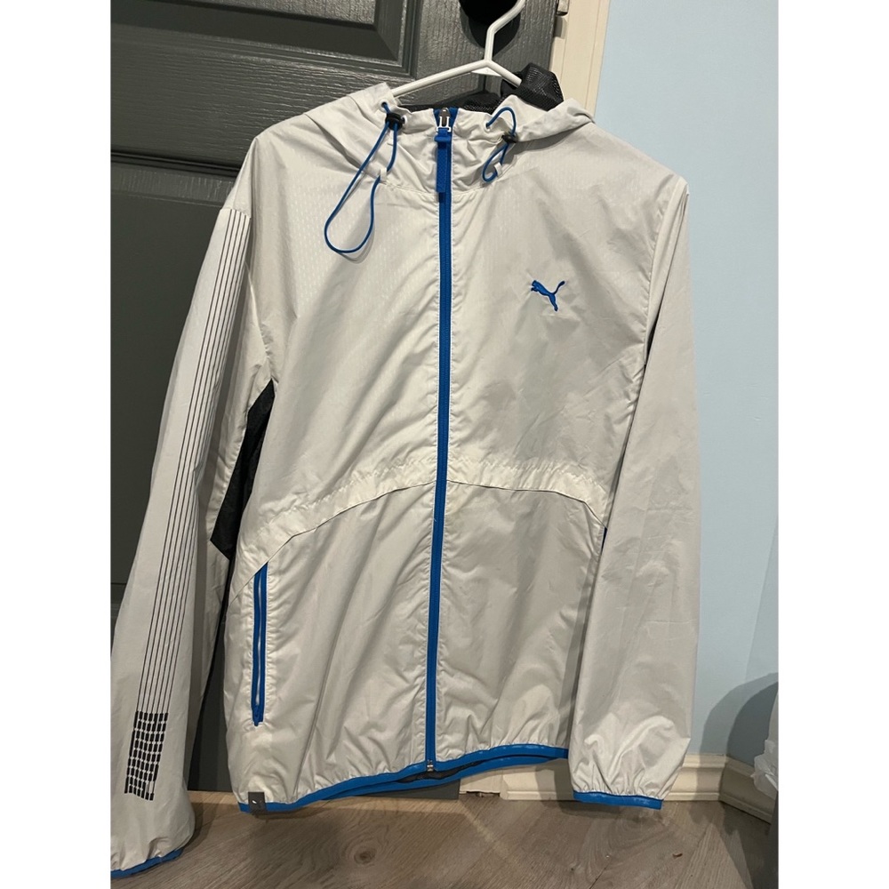 White puma windbreaker with blue accent